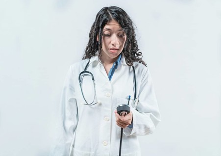 Surprised doctor with blood pressure monitor. Surprised female doctor with blood pressure monitor