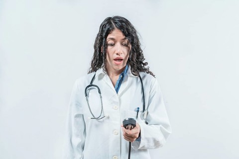 Surprised female doctor with blood pressure monitor isolated. Surprised doctor with blood pressure