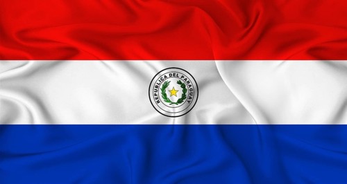 Realistic Paraguay flag waving. Close up of flag of Paraguay with cloth texture