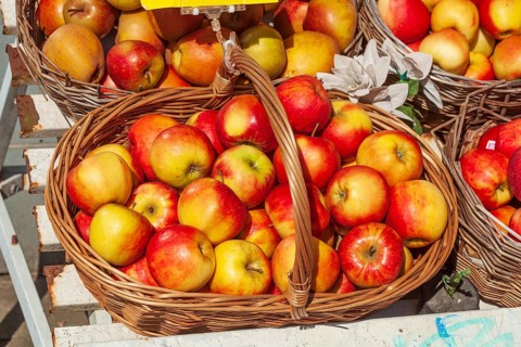 Fresh apples and fresh fruit in baskets in front of a greengrocer's shop, Bremen, Germany