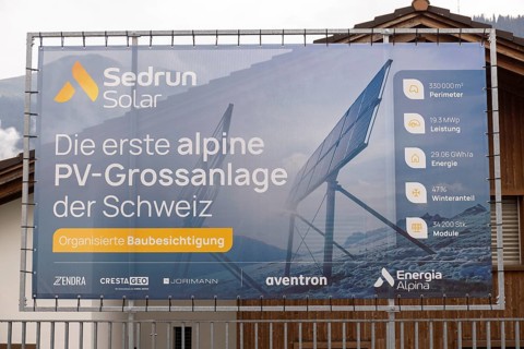 Advertising poster Sedrun Solar, the first large-scale alpine PV system, Sedrun, Tujetsch,