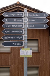 Signposts to places of interest in the village, Sedrun, Surselva, Grisons, Switzerland