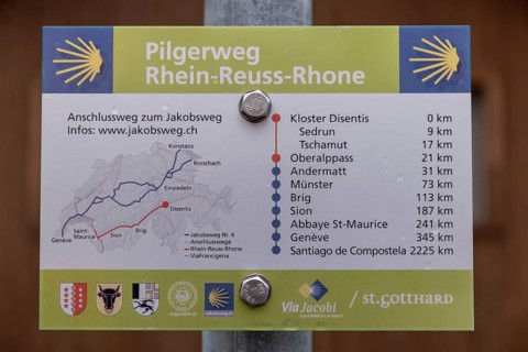 Information board on the Rhine-Reuss-Rhone pilgrimage route, Via Jacobi, Sedrun, Surselva,