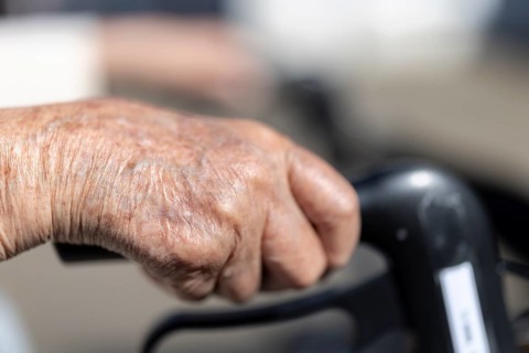 Close-up of wrinkled hands of a 90+ year old senior citizen in a retirement home, Cologne, North