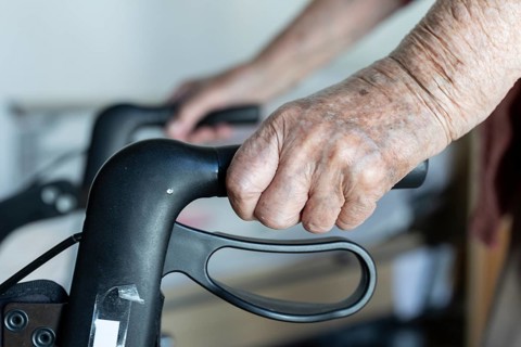 Close-up of wrinkled hands of a 90+ year old senior citizen in a retirement home, Cologne, North