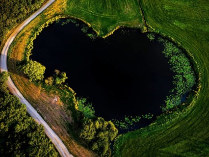 Heart-shaped lake embedded in a green landscape from a bird's eye view, surrounded by trees,