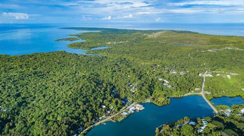 Aerial view of northern part of Yap Island with small Yap Airport with runway in the centre,
