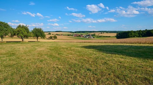 Rural scene with a view of a village and surrounding fields under a blue sky, Reichartshausen,