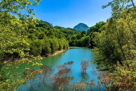 Ibiur reservoir in tolosa, gipuzkoa, basque country, showcases calm waters reflecting lush green