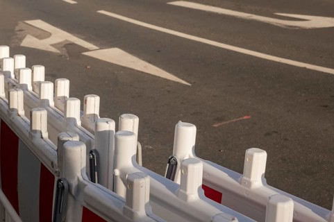 Borken, NRW, Germany, White and red plastic roadblock barriers are protecting road works, ensuring