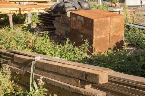 Borken, NRW, Germany, Various construction materials, including wooden planks and rusty metal