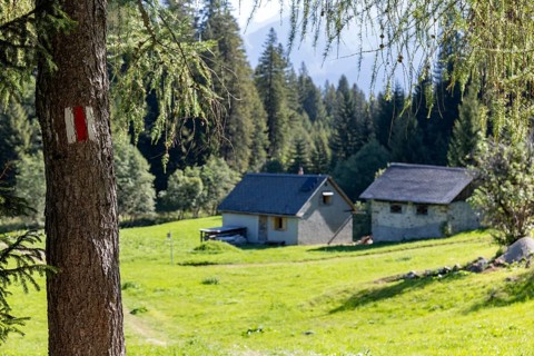 Settlement at mountain huts, Ör da Pü, Blenio, Ticino, Switzerland