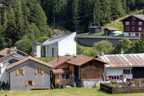 Hamlet with chapel of St James the Elder, Acla, Curaglia, Val Medel, Graubünden, Switzerland