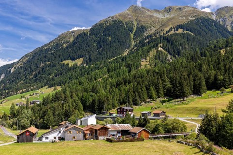 Hamlet with chapel of St James the Elder, Acla, Curaglia, Val Medel, Graubünden, Switzerland