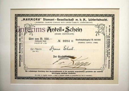 Share certificate of the Lüderitzbucht Diamond Company, exhibit in the Jasper House Museum,