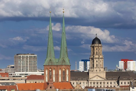 St. Nicholas Church and Stadthaus, view from the Humboldt Forum, Berlin, Germany, 08.09.2025 <