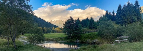 Bench and stream loop, Brenno high valley near Campra, Lukmanier Pass, Blenio, Ticino, Switzerland
