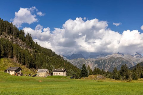 Mountain huts in high valley, Campra, Lukmanier Pass, Blenio, Ticino, Switzerland