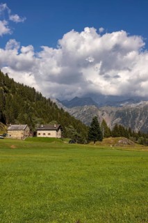 Mountain huts in high valley, Campra, Lukmanier Pass, Blenio, Ticino, Switzerland