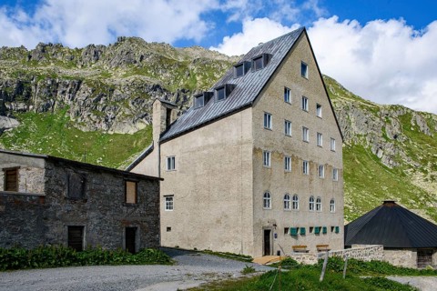 View of building Ospizio Hospiz Herberge San Gottardo St. Gotthard built from 1230 in the 13th