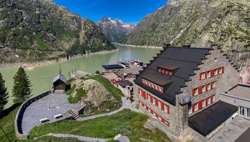 View from an elevated position to the right of the Grimselhospiz Hotel, built in 1932 on the