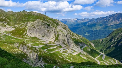 View from elevated position on serpentine hairpin bends of southern ramp southern ascent departure