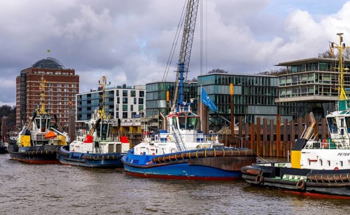 Tugboat pier Neumühlen on the Elbe, Hamburg, Germany