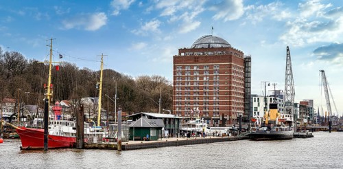 Tugboat pier Neumühlen on the Elbe, Hamburg, Germany