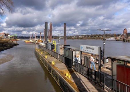 Ferry at the ferry terminal in Finkenwerder, Hamburg, Germany