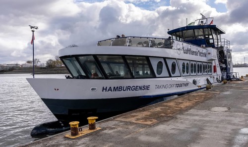 Ferry at the ferry terminal in Finkenwerder, Hamburg, Germany