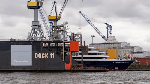 Bow of a yacht in Dock 11 of Blohm und Voss, Hamburg, Germany