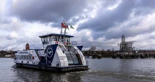 Ferry at the ferry terminal in Finkenwerder, Hamburg, Germany