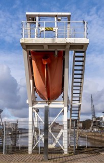 Ma-co boat system, lifeboat at Dockland, Hamburg, Germany