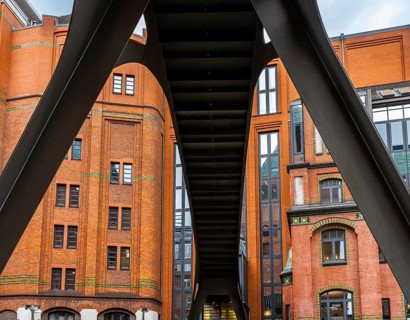 Stilwerkbrücke with the typical fish market architecture in the Große Elbstraße, Hamburg, Germany