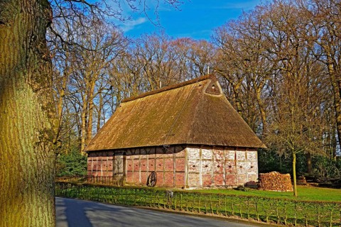 Building with thatched roof, Bad Zwischenahn, Ammerland, Lower Saxony, Germany