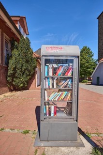 Book exchange box, street, general architecture, trees, clinker pavement, blue sky, cirrostratus