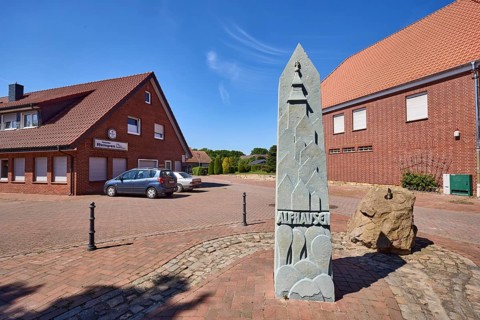 1000 year fountain, Rempen restaurant, clinker brick building, general development, pointed roofs,