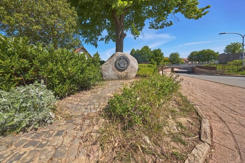 Monument, political event, reunification, flower bed, bushes, trees, cobblestone path, frog