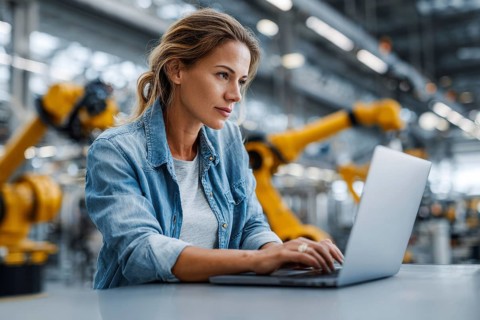 Electronics Factory Manager Working on Laptop at an Industrial Manufacture with Robotic Arms.