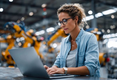 Electronics Factory Manager Working on Laptop at an Industrial Manufacture with Robotic Arms.