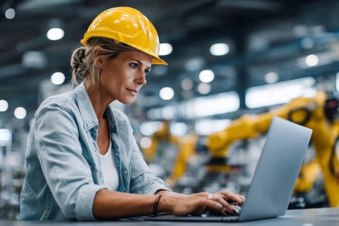 Electronics Factory Manager Working on Laptop at an Industrial Manufacture with Robotic Arms.