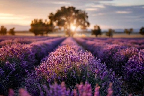 Endless lavender fields and rows of lavender flowers at scenic sunset, AI generated