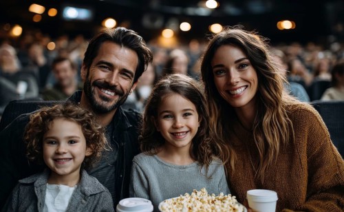 Family eating popcorn while watching the movie. Quality family time, AI generated