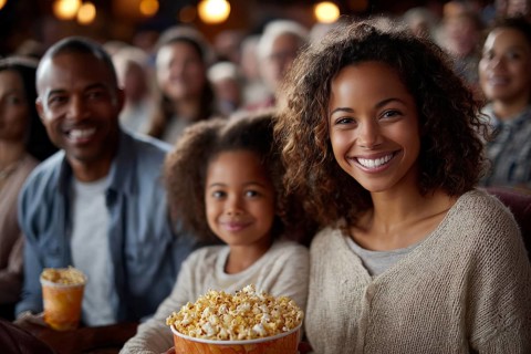 Family eating popcorn while watching the movie. Quality family time, AI generated