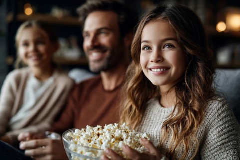 Family eating popcorn while watching the movie. Quality family time, AI generated