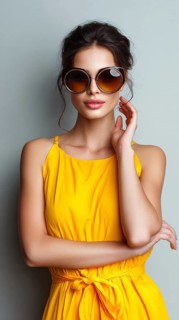 Fashion beautiful lady poses in fashionable modern clothes on yellow background. Model poses