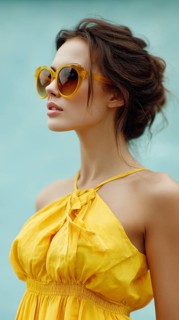 Fashion beautiful lady poses in fashionable modern clothes on yellow background. Model poses