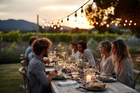 Family enjoying dinner together in the backyard during sunset, AI generated