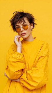 Fashion beautiful lady poses in fashionable modern clothes on yellow background. Model poses