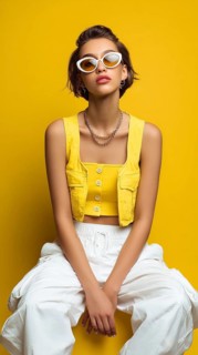 Fashion beautiful lady poses in fashionable modern clothes on yellow background. Model poses